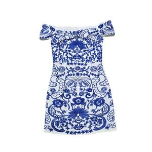 Foxiedox White Blue Embroidered Off The Shoulder Mini Dress Womens XS Vacation